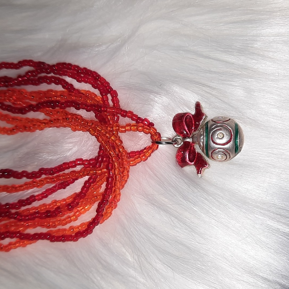 Vintage Christmas pendant silvertone w red ribbon detail cord necklace